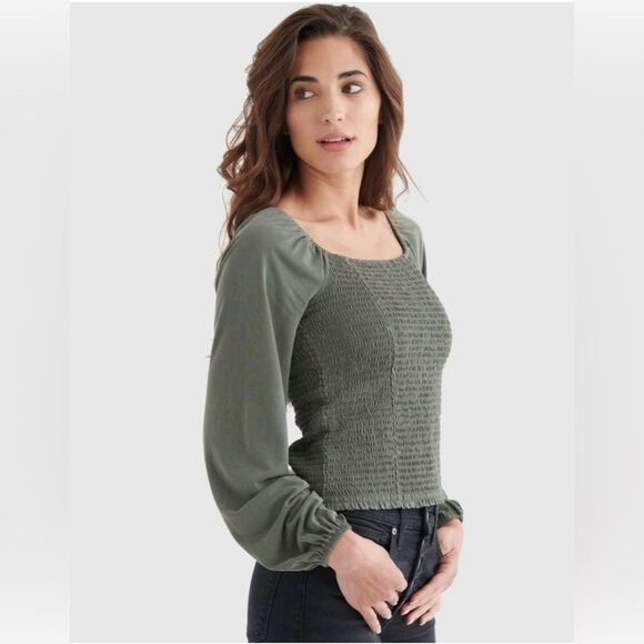 Lucky Brand Womens Size Medium Olive Green Smocked Square Neck Knit Long Sleeve - Picture 4 of 15